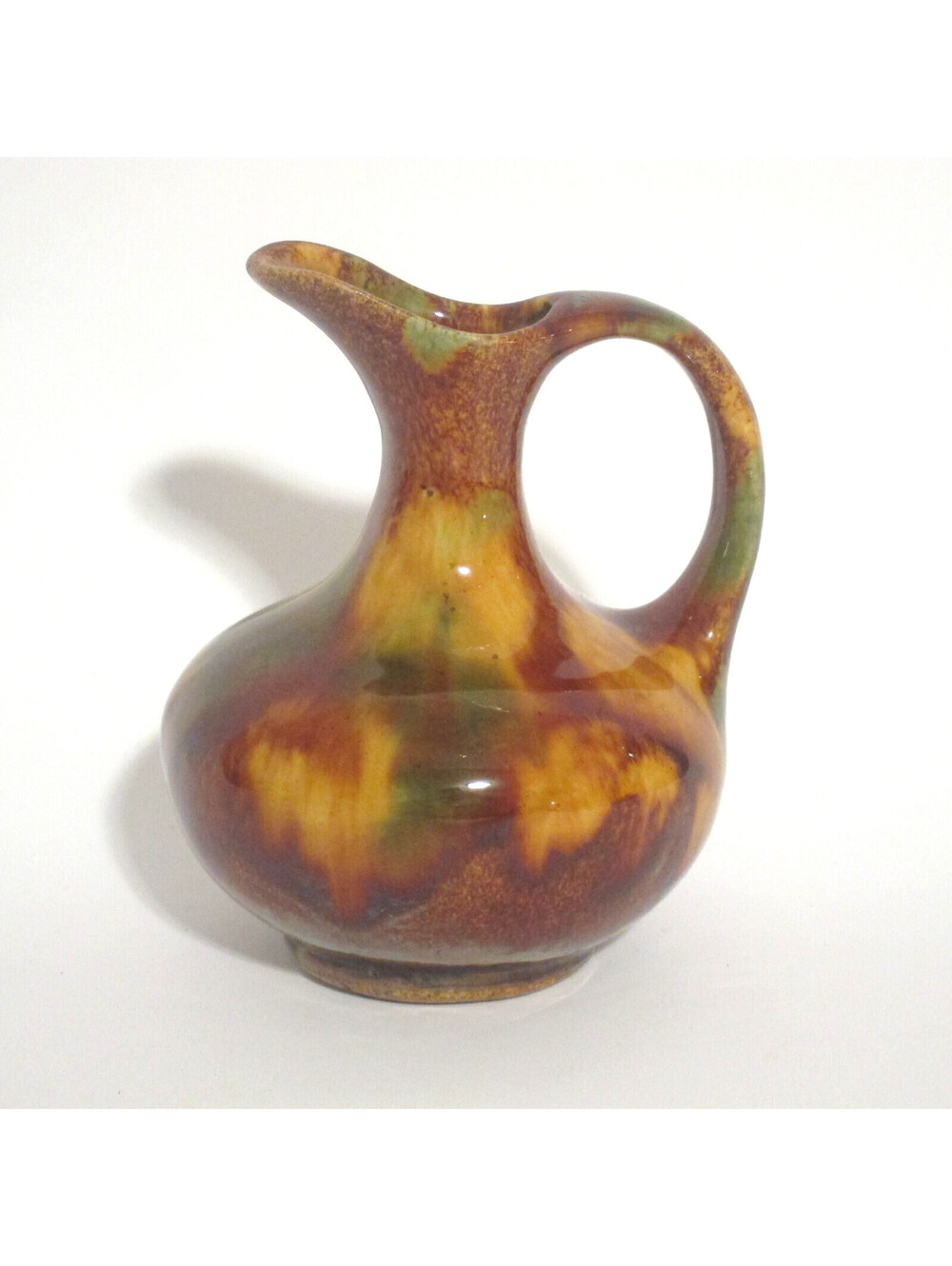 Antique Rockingham Pottery Pitcher Mini Ewer 4.5" Brown Green Drip Glaze Ohio